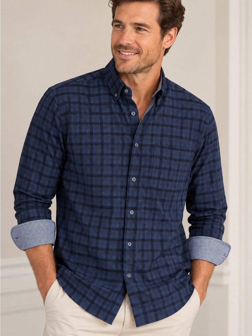 Johnston & Murphy Men’s Navy Tonal Plaid Button Down Shirt Cotton L